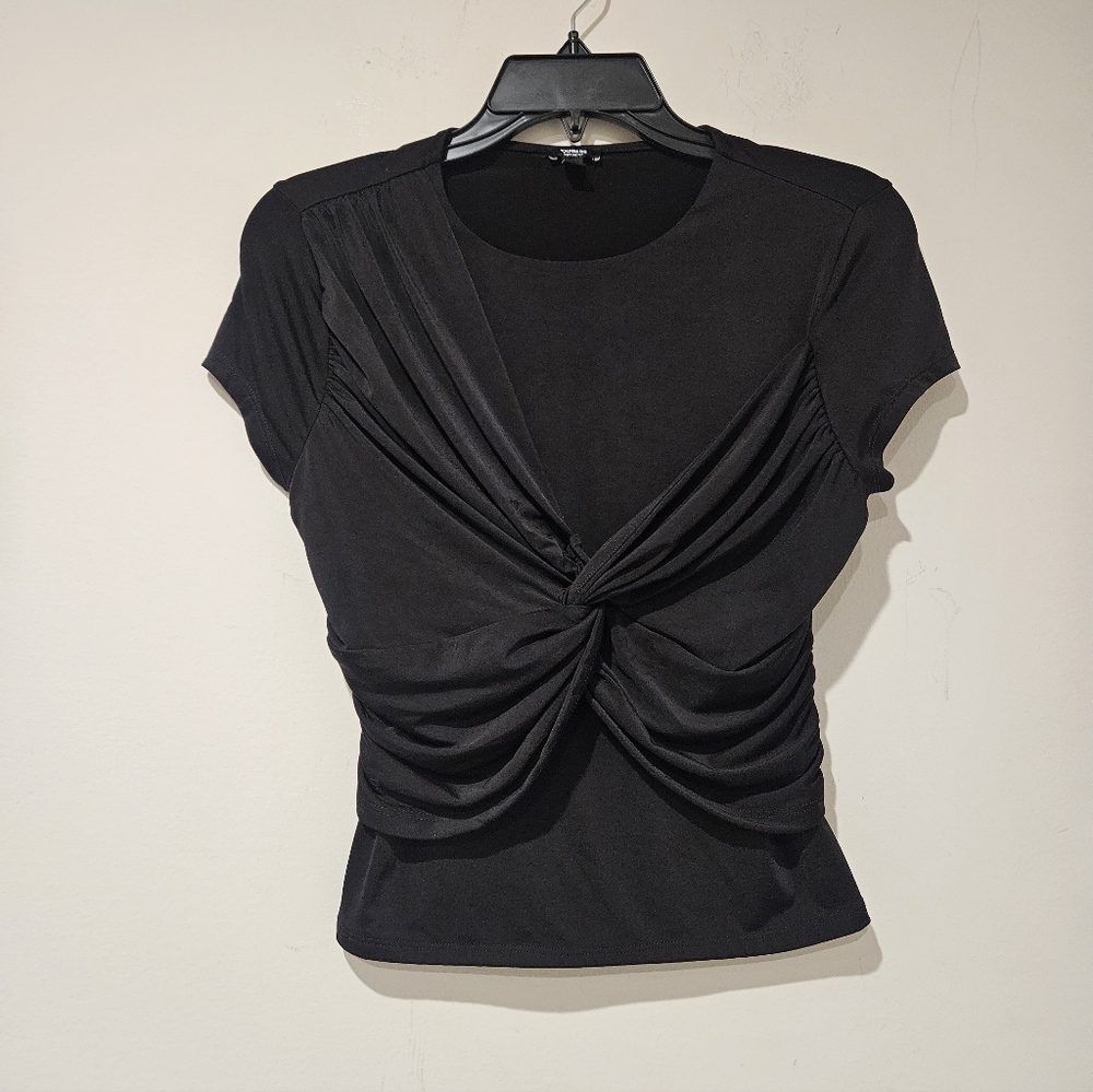 Express Body Contour Black Twist Front Short Sleeve Blouse, Size Small